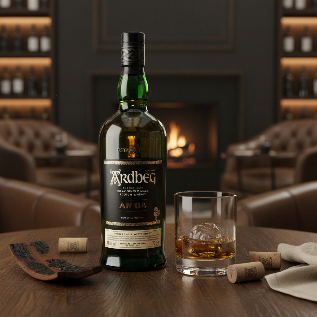 Schwarzbach Spirits Ardbeg An Oa Islay Single Malt Whisky Flasche mit Glas und Eiswürfel vor einem Kamin