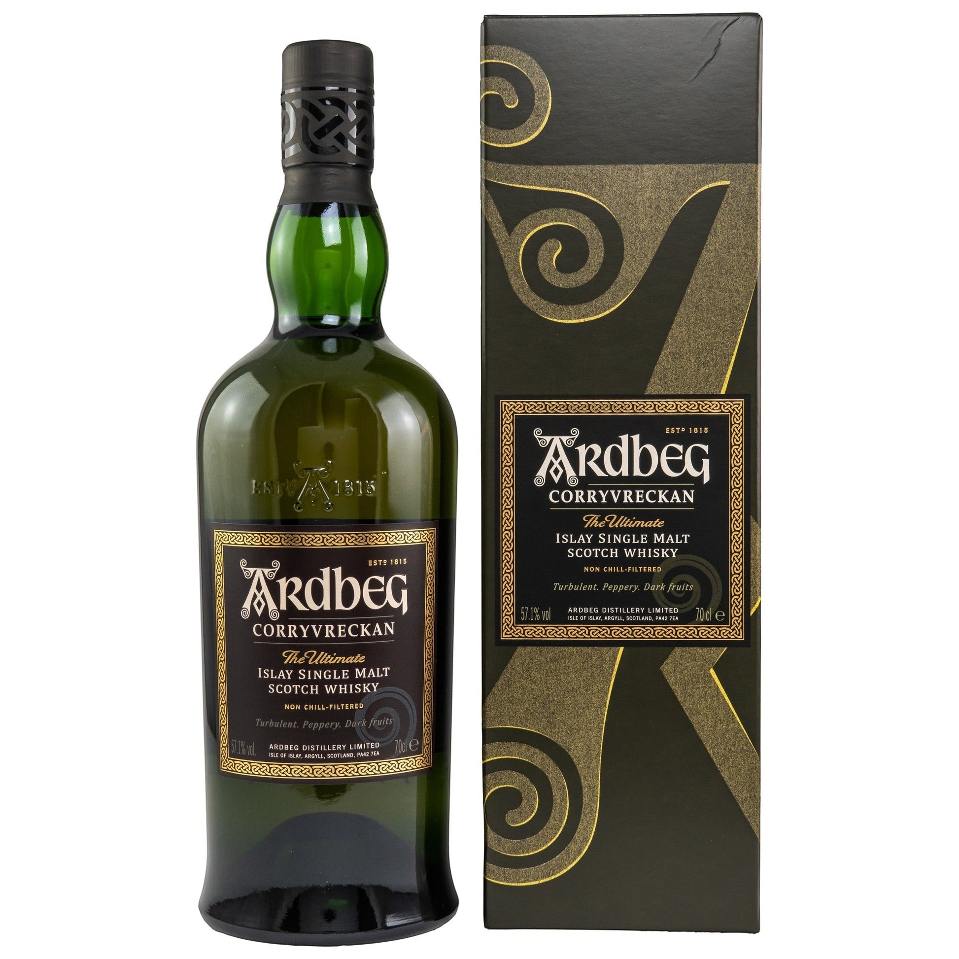 Schwarzbach Spirits Ardbeg Corryvreckan Islay Single Malt Whisky Flasche mit passender schwarzer Geschenkverpackung