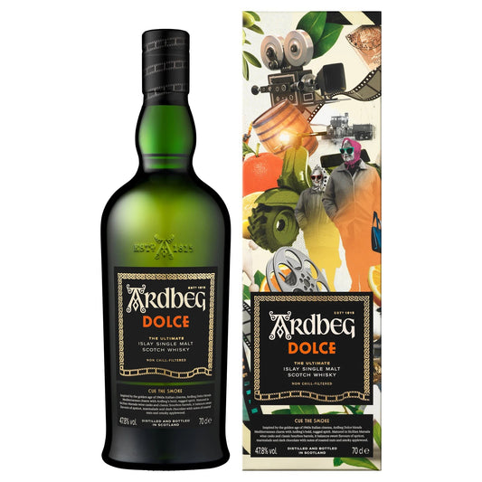 Ardbeg Dolce Single Malt Scotch Whisky in grüner Flasche mit Etikett, 47,8% Vol., nicht kühlgefiltert, aus zypriotischen Marsala-Weinfässern.