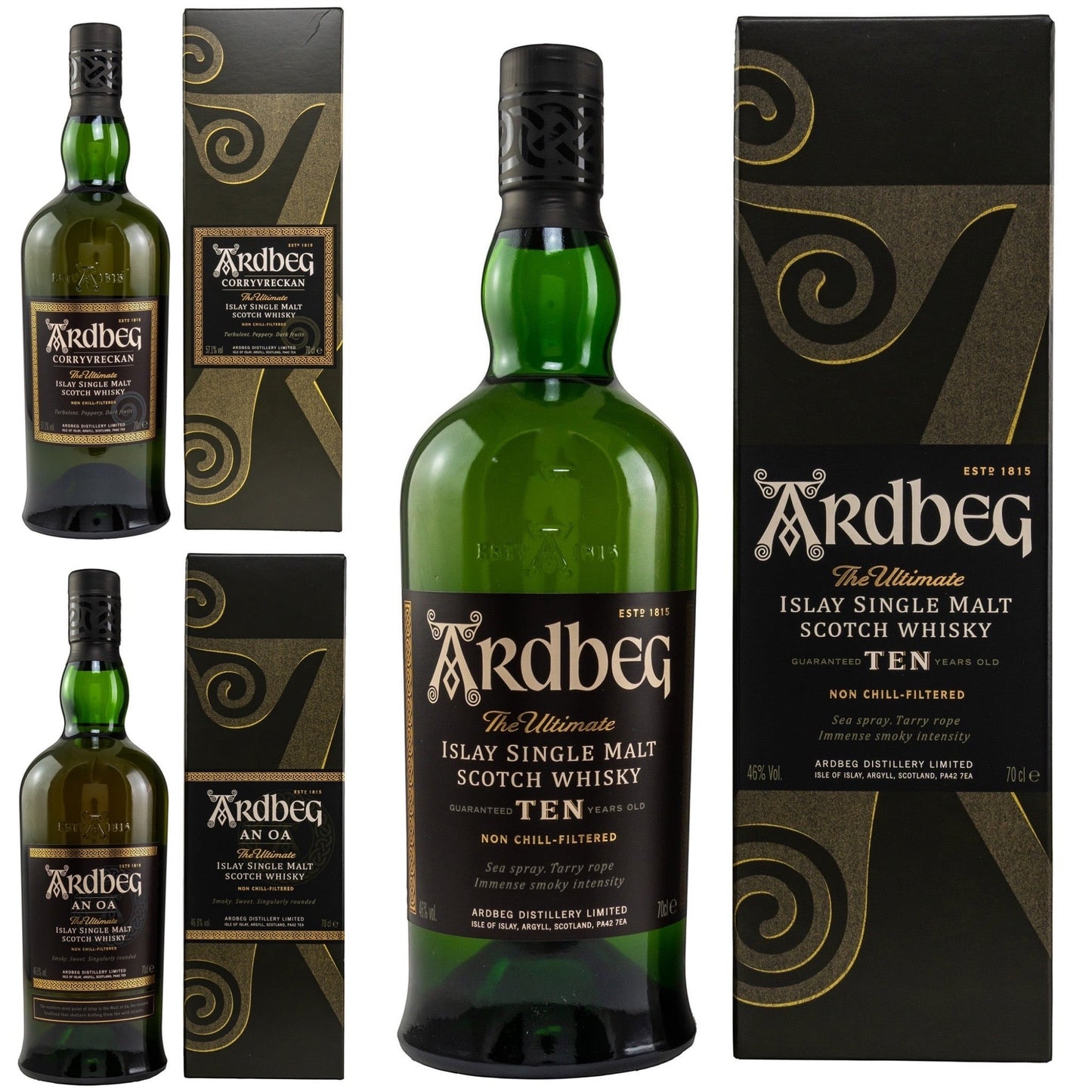Schwarzbach Spirits Ardbeg Whisky Bundle mit 10 Jahre, Corryvreckan und An Oa Flaschen sowie den passenden Geschenkboxen