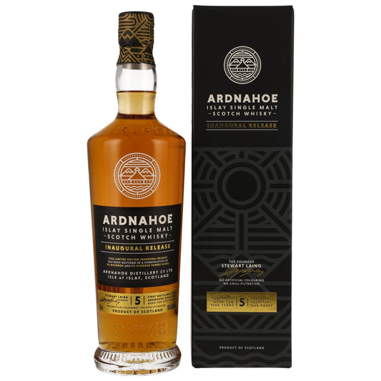 Schwarzbach Spirits Ardnahoe 5 Jahre Inaugural Release Islay Single Malt Whisky mit schwarzer Geschenkverpackung