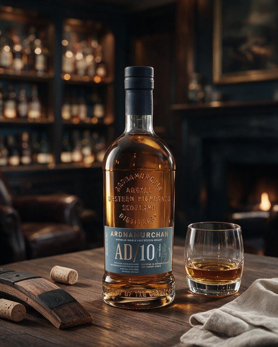 Schwarzbach Spirits Ardnamurchan 10 Jahre Single Malt Whisky Flasche mit Glas auf einem Holztisch vor Kamin