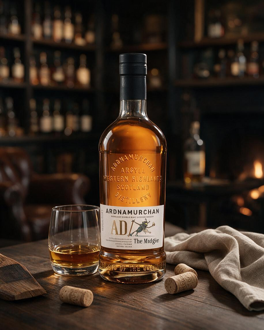 Schwarzbach Spirits Ardnamurchan Midgie Release Highland Single Malt Whisky Flasche mit Glas auf einem Holztisch