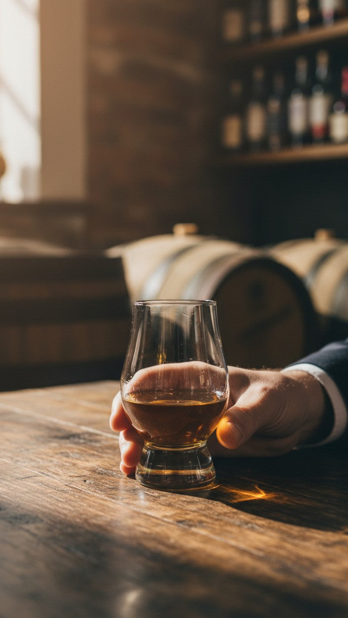 Schwarzbach Spirits Ardnamurchan Sherry Cask Whisky in einem Nosing-Glas auf einem Holztisch vor Whiskyfässern.
