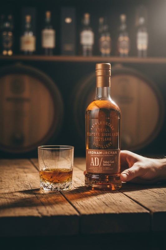 Schwarzbach Spirits Ardnamurchan Tokaji Cask Release Whisky Flasche mit Glas auf Holztisch vor Whiskyfässern
