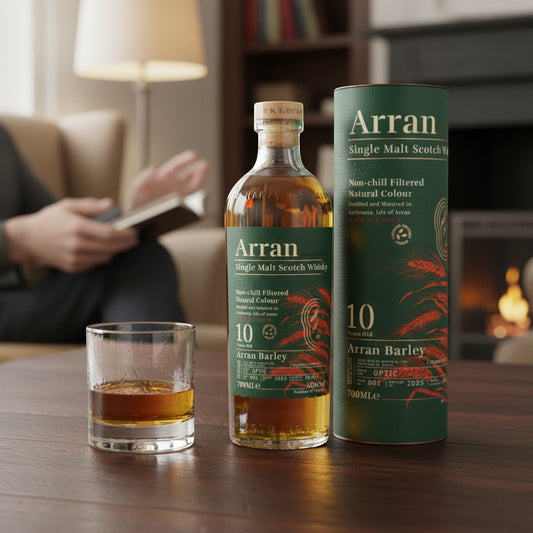 Schwarzbach Spirits Arran 10 Jahre Local Barley 2025 Whisky Flasche mit grüner Dose und Glas auf einem Holztisch