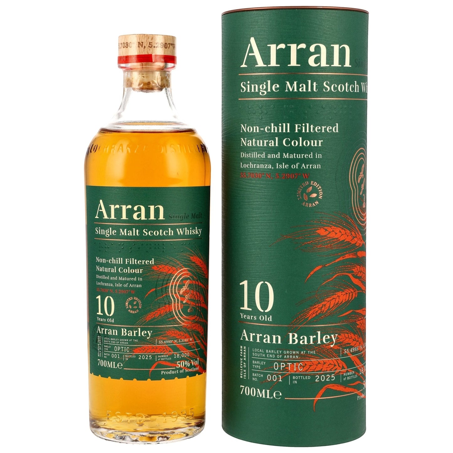 Arran 10 Jahre Local Barley 2025 Whisky Flasche mit grüner Geschenkverpackung von Schwarzbach Spirits