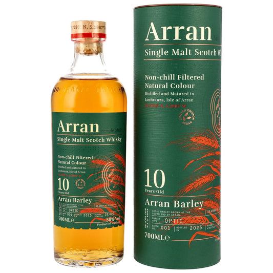 Arran 10 Jahre Local Barley 2025 Whisky Flasche mit grüner Geschenkverpackung von Schwarzbach Spirits