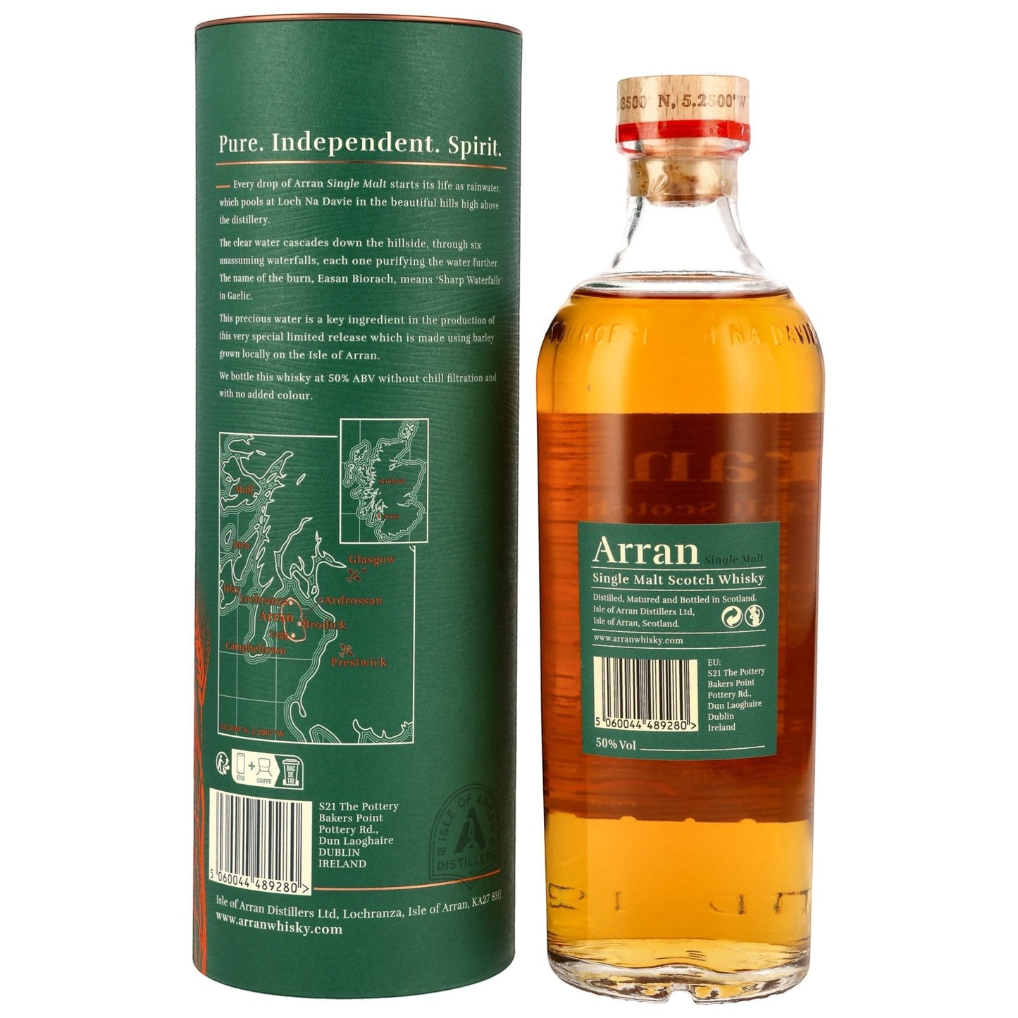 Schwarzbach Spirits Arran 10 Jahre Local Barley Whisky Flasche mit grüner Geschenkdose und detaillierter Karten-Grafik.