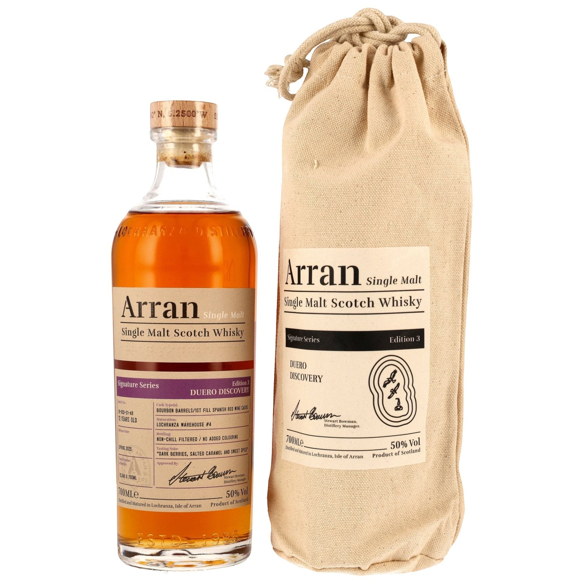Schwarzbach Spirits Arran 12 Jahre Duero Discovery Signature Series #3 Whisky in Flasche mit beigem Stoffbeutel