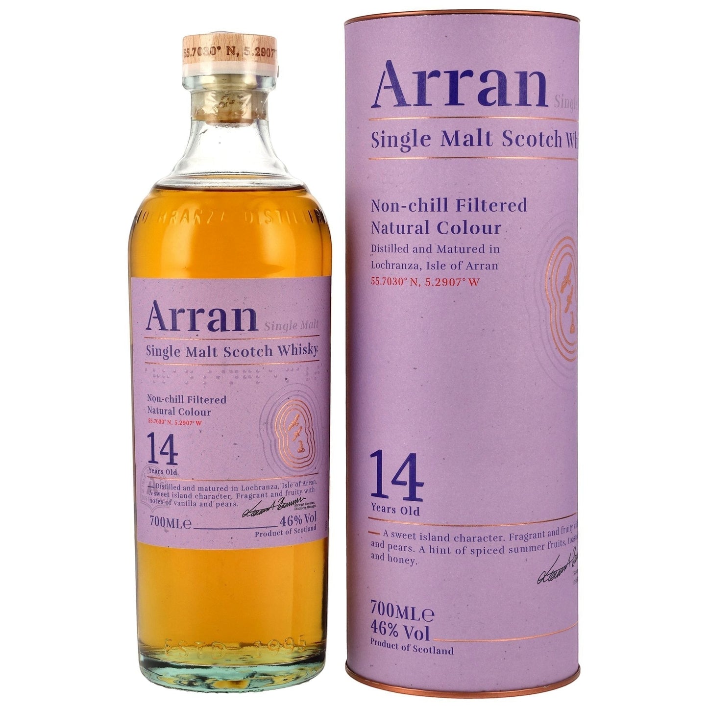 Schwarzbach Spirits Arran 14 Jahre Single Malt Scotch Whisky mit lila Geschenkdose und goldener Schrift