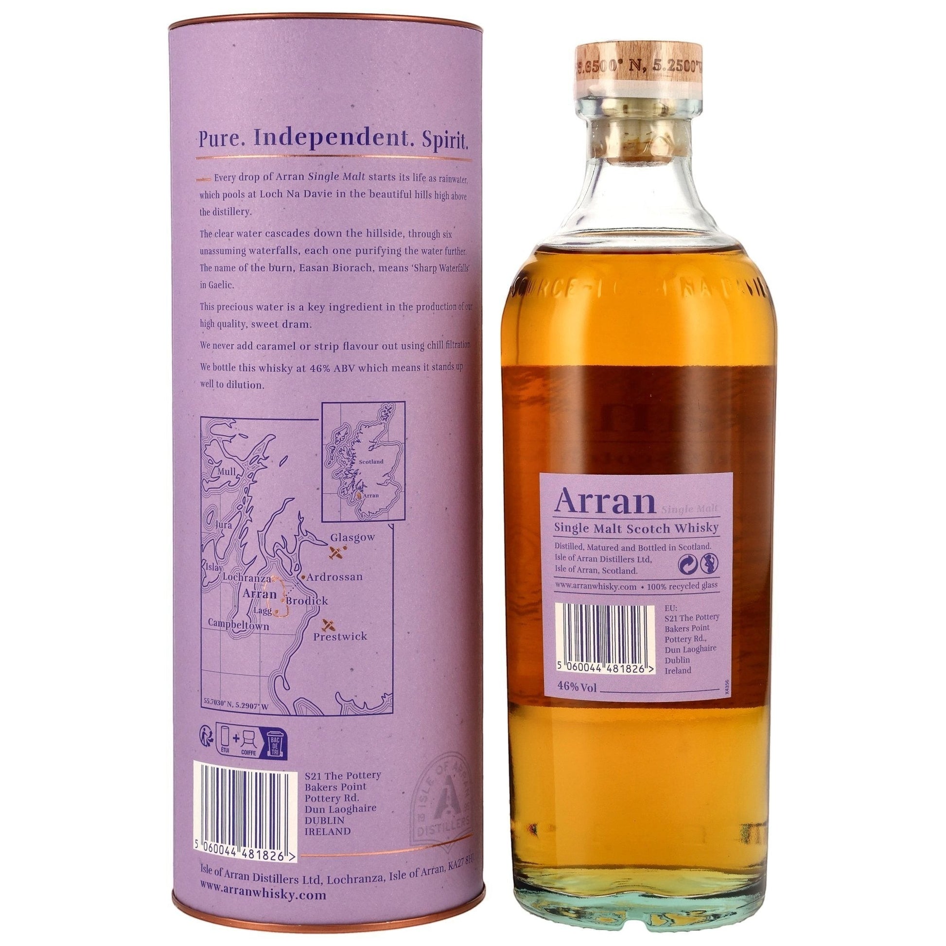 Schwarzbach Spirits Arran 14 Jahre Single Malt Whisky Flasche mit violetter Geschenkdose und detailliertem Etikett.