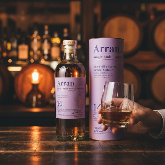 Schwarzbach Spirits Arran 14 Jahre Single Malt Whisky Flasche mit Geschenkdose und Glas in einer Bar