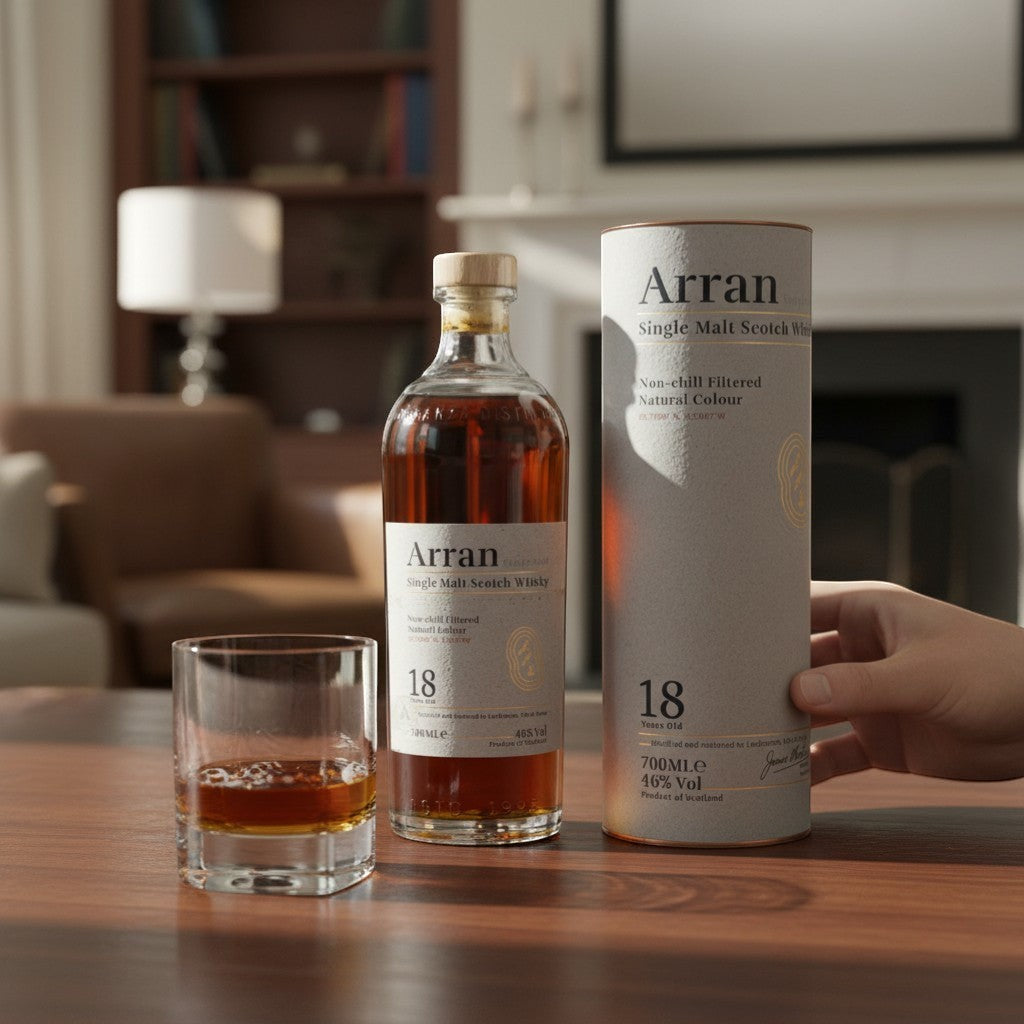 Schwarzbach Spirits Arran 18 Jahre Single Malt Whisky Flasche mit Geschenkdose und Glas auf einem Holztisch.