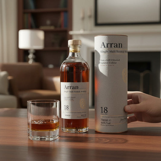 Schwarzbach Spirits Arran 18 Jahre Single Malt Whisky Flasche mit Geschenkdose und Glas auf einem Holztisch.