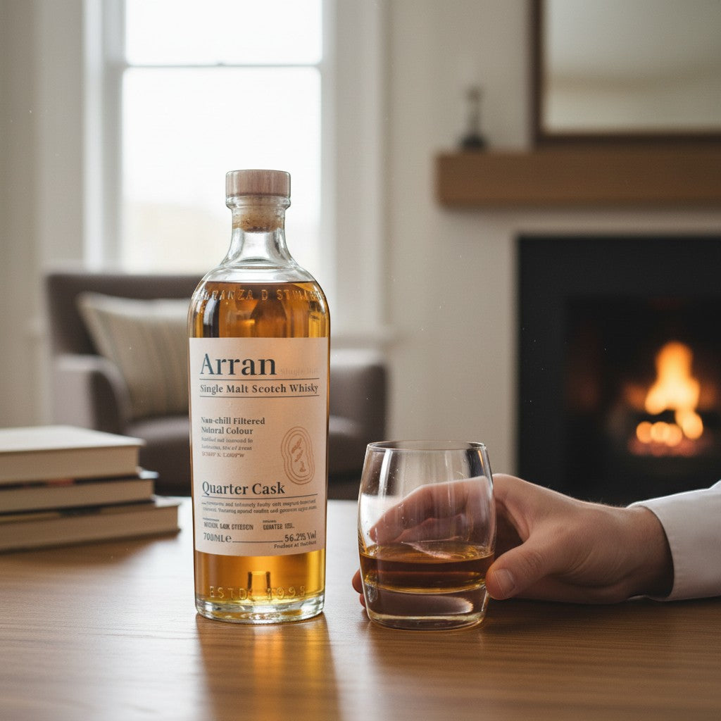 Schwarzbach Spirits Arran Bothy Quarter Cask Whisky Flasche mit Glas vor einem gemütlichen Kamin.