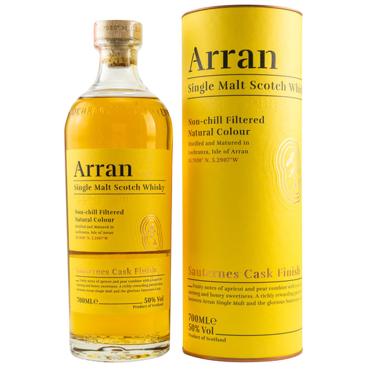Schwarzbach Spirits Arran Sauternes Cask Finish Single Malt Whisky mit gelber Geschenkverpackung