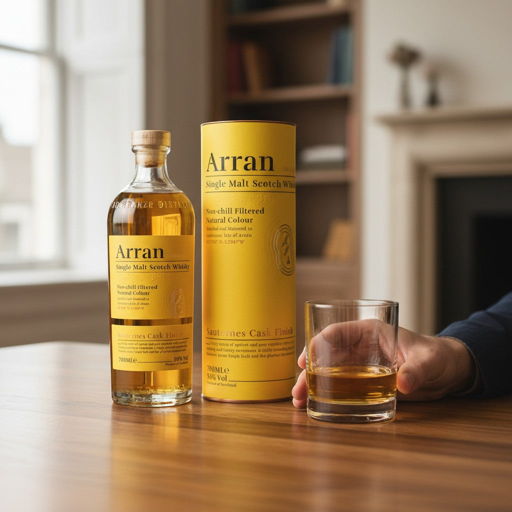 Schwarzbach Spirits Arran Sauternes Cask Finish Whisky Flasche mit gelber Dose und Glas auf einem Holztisch