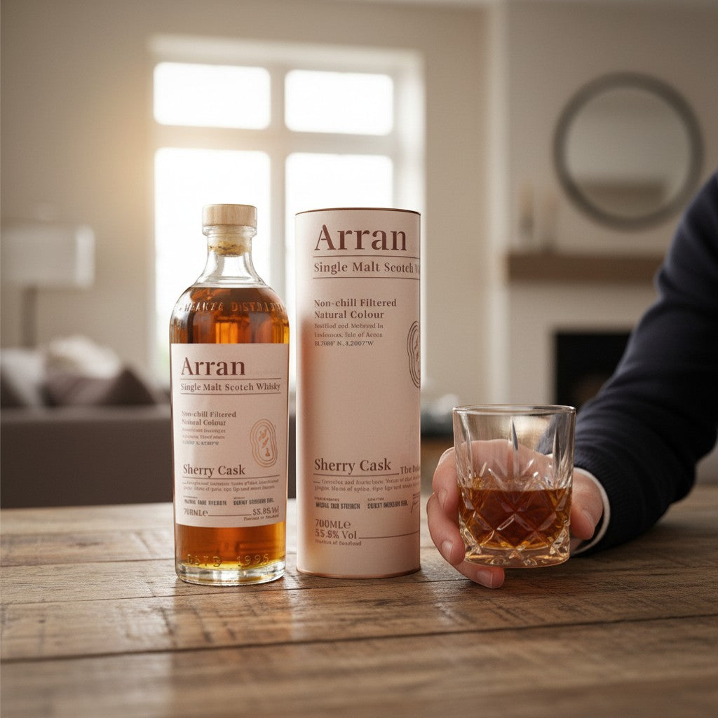 Schwarzbach Spirits Arran Sherry Cask Whisky Flasche mit Tube und Glas in der Hand auf einem Holztisch.