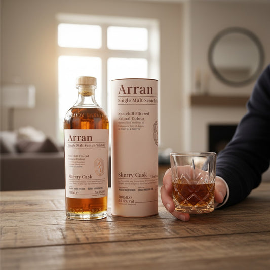 Schwarzbach Spirits Arran Sherry Cask Whisky Flasche mit Tube und Glas in der Hand auf einem Holztisch.