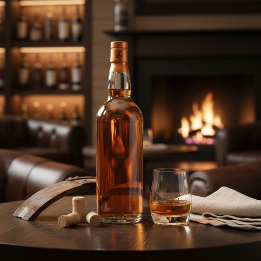 Schwarzbach Spirits Auchentoshan 13 Jahre Single Malt Whisky mit Glas vor einem Kamin in einer Bar