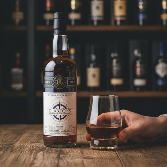 Schwarzbach Spirits Auchroisk 11 Year Old Fresh Sherry Cask Single Malt Scotch Whisky in a glass bottle and tasting glass.