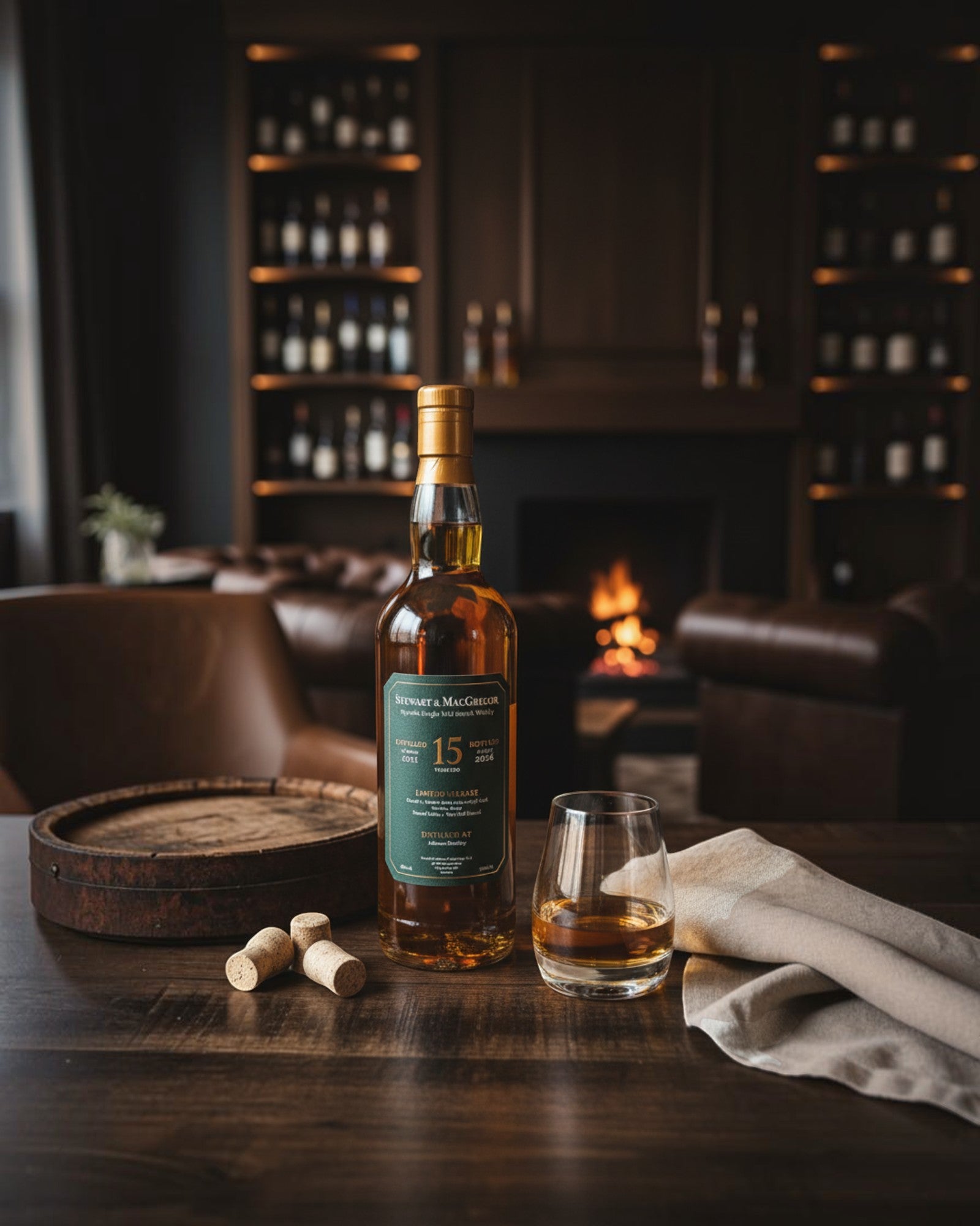 Schwarzbach Spirits Stewart & MacGregor Aultmore 15 Jahre Single Malt Whisky Flasche mit Glas vor Kamin