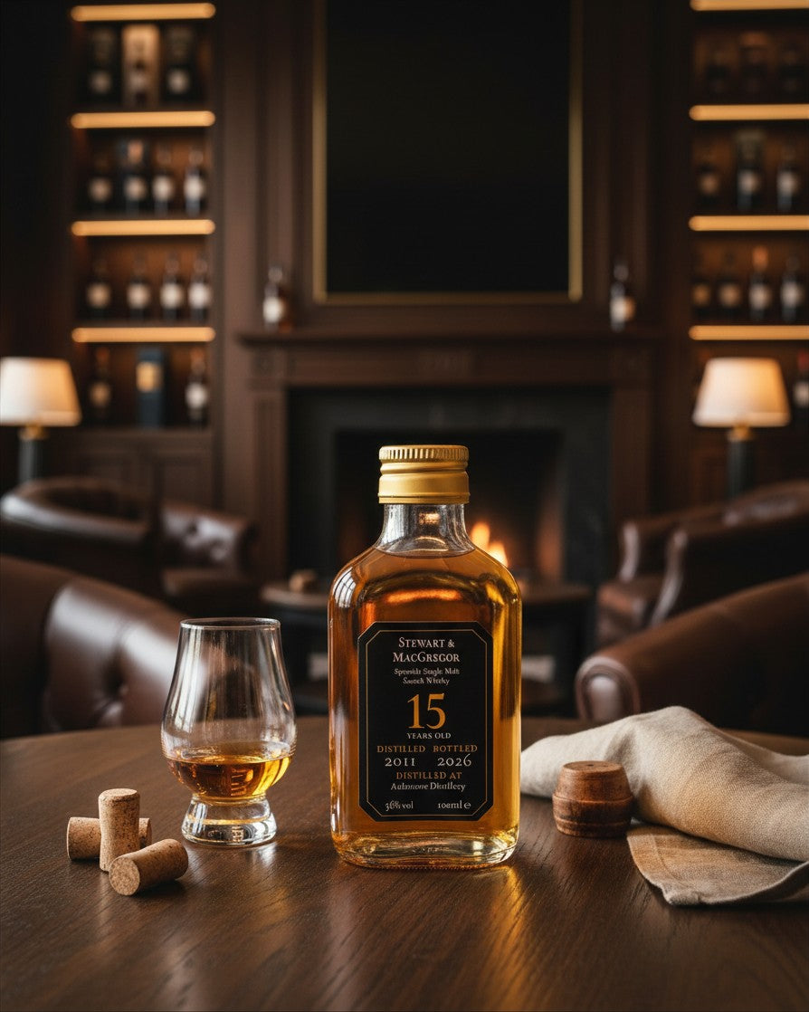 Schwarzbach Spirits Aultmore 15 Year Old single malt Scotch whisky bottle with a glass on a wooden table.
