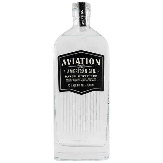 Schwarzbach Spirits Aviation American Gin, batch distilled, 42% ABV, 700ml bottle with floral and citrus notes.