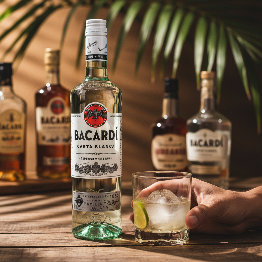 Schwarzbach Spirits Bacardi Carta Blanca Superior white rum bottle, 700ml, 37.5% vol. Clear liquid with iconic bat logo.
