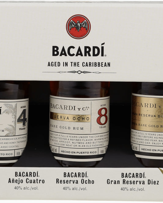 Schwarzbach Spirits Bacardi Discovery Pack mit drei 0,1 L Rum Miniaturen Añejo Cuatro, Reserva Ocho und Gran Reserva Diez