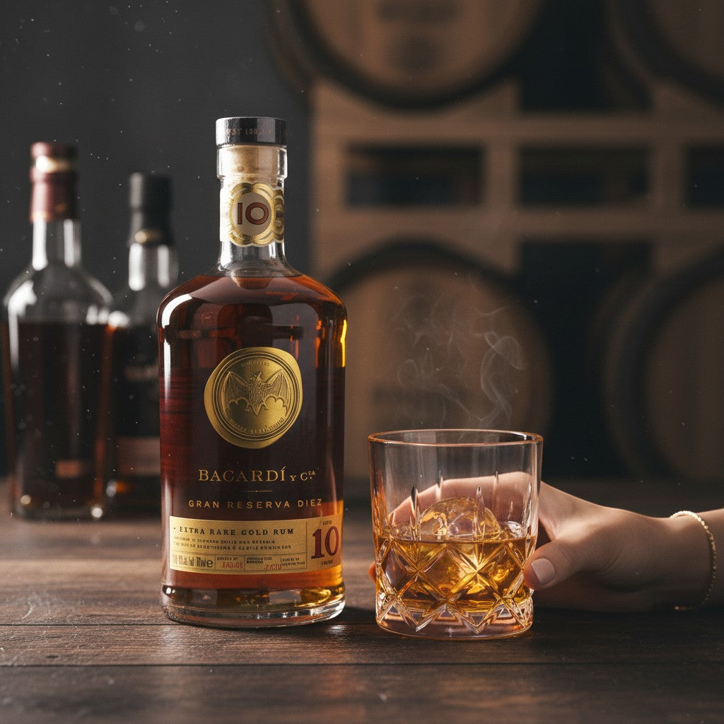 Schwarzbach Spirits Bacardi Gran Reserva Diez Rum Flasche mit Glas und Eiswürfel vor Holzfässern