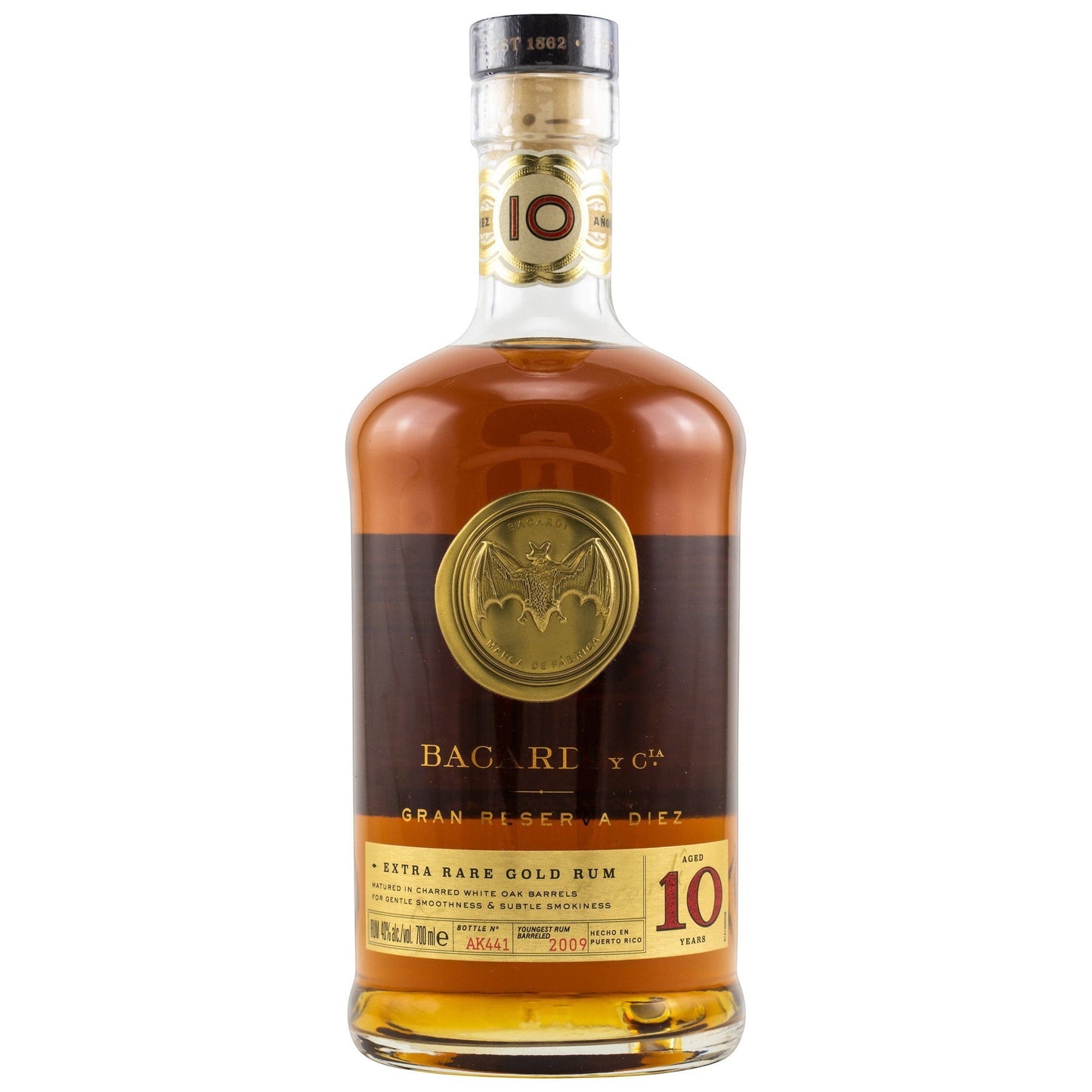 Schwarzbach Spirits Bacardi Gran Reserva Diez Rum Flasche mit goldenem Fledermaus-Logo und 10-jähriger Reifung