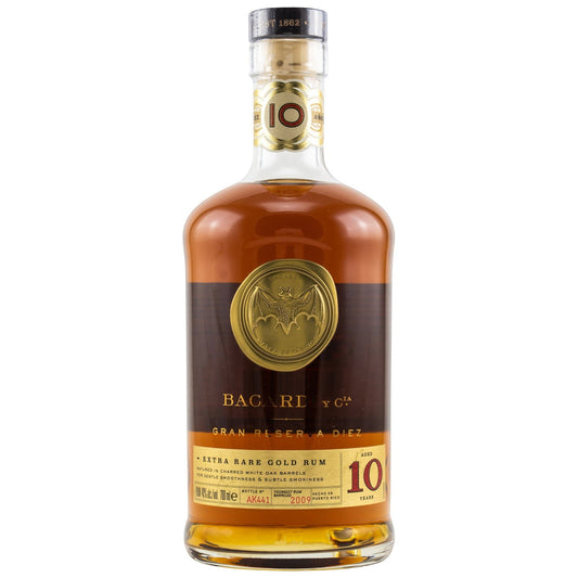 Schwarzbach Spirits Bacardi Gran Reserva Diez Rum Flasche mit goldenem Fledermaus-Logo und 10-jähriger Reifung