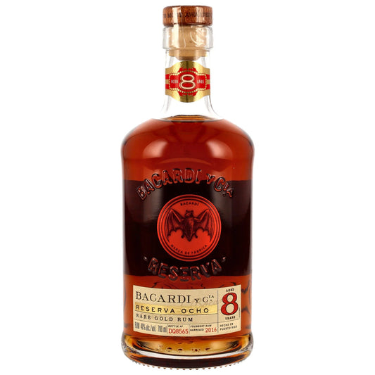 Schwarzbach Spirits bottle of Bacardi Gran Reserva Ocho 8-year-old premium amber rum with cork stopper.