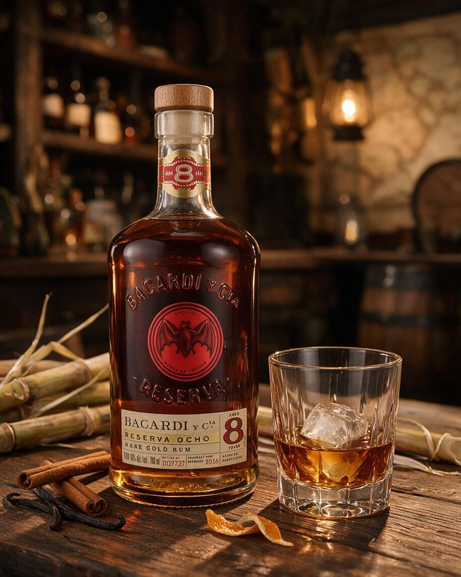 Schwarzbach Spirits Bacardi Gran Reserva Ocho Rum Flasche mit Glas und Eiswürfeln auf einem rustikalen Holztisch