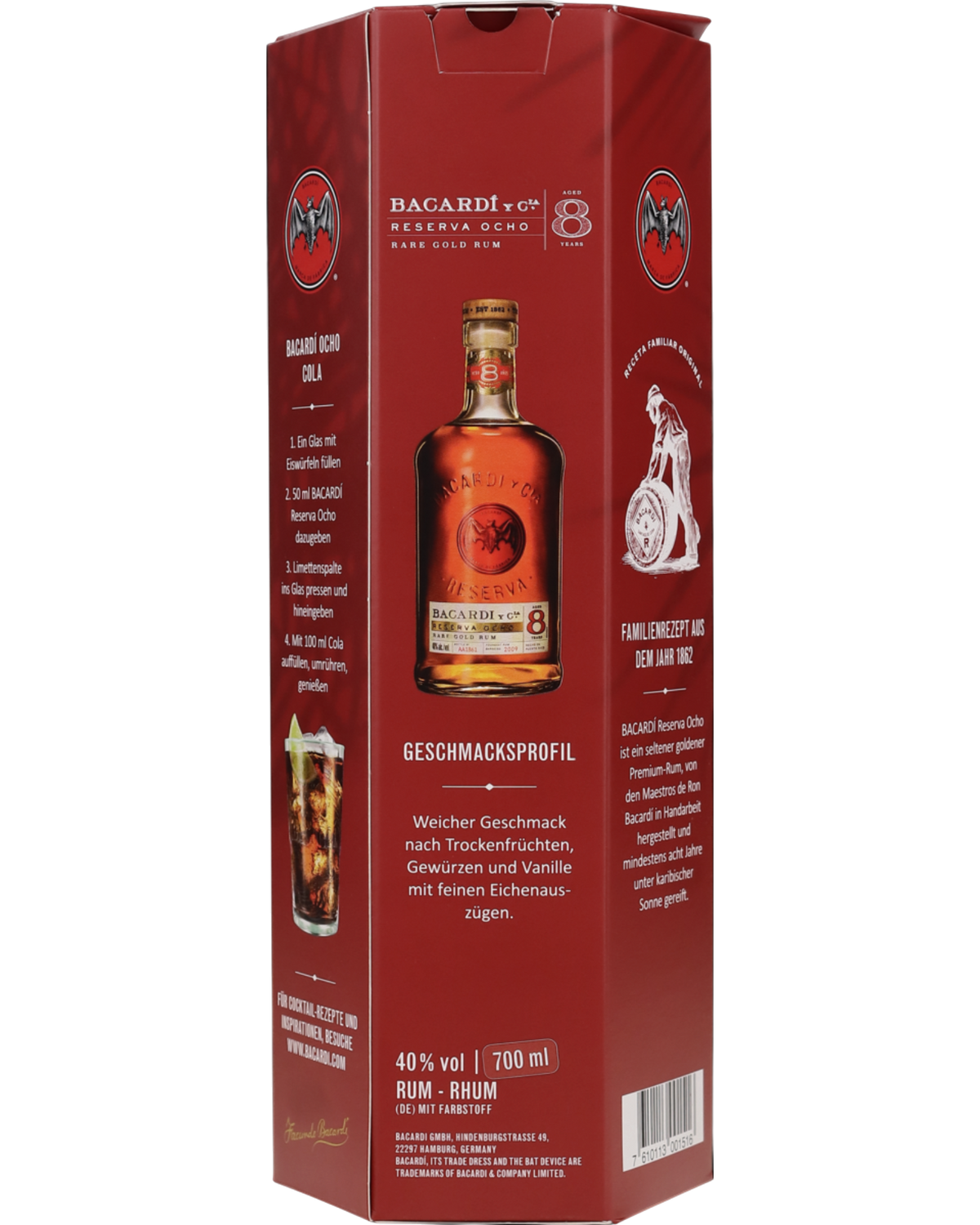 Schwarzbach Spirits Bacardi Gran Reserva Ocho 8 Jahre Rum Geschenkverpackung mit Produktinformationen und Rezepten