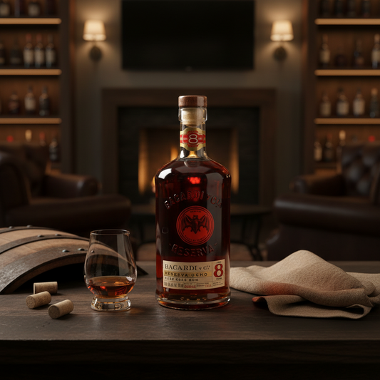Schwarzbach Spirits Bacardi Gran Reserva Ocho 8 year old rum bottle with a glass on a wooden table by a fireplace.