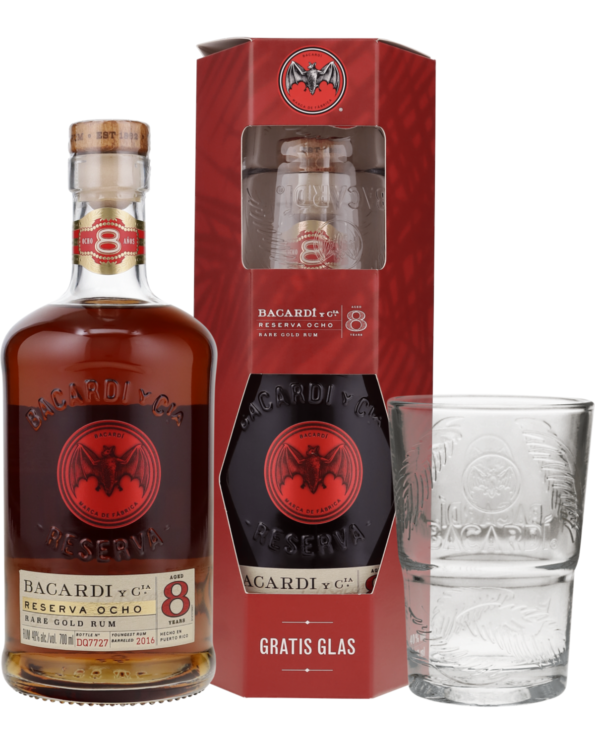 Schwarzbach Spirits Bacardi Gran Reserva Ocho 8 Jahre Rum Geschenkset mit Glas und bernsteinfarbenem Premium Rum