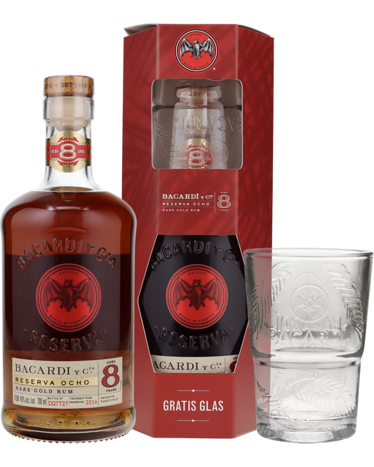 Schwarzbach Spirits Bacardi Gran Reserva Ocho 8 Jahre Rum Geschenkset mit Glas und bernsteinfarbenem Premium Rum
