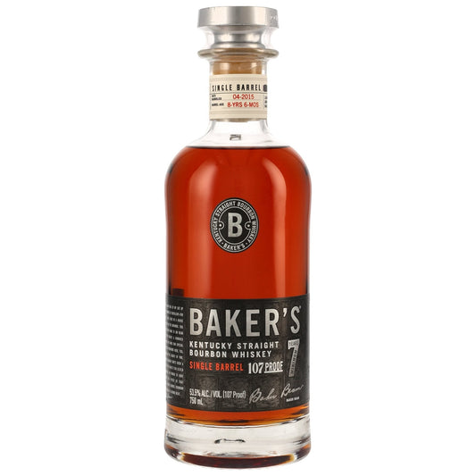 Schwarzbach Spirits Baker's 7 Jahre Small Batch Kentucky Straight Bourbon Whiskey, 53,5% Vol., bernsteinfarben, in Glasflasche mit silbernem Verschluss.