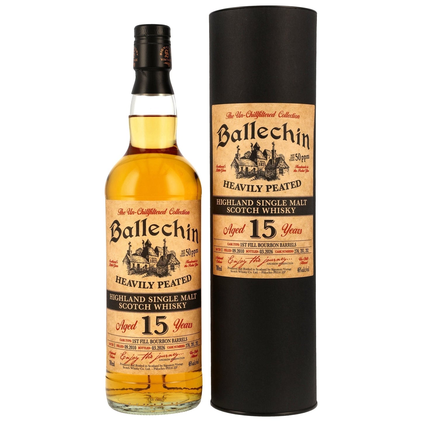 Schwarzbach Spirits Ballechin 15 Years Heavily Peated Highland Single Malt Scotch Whisky in 1st Fill Bourbon Barrels, 46% Vol.