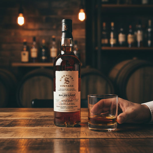 Schwarzbach Spirits Balmenach 10 Jahre Signatory Vintage Whisky Flasche mit Glas auf Holztisch in dunkler Bar