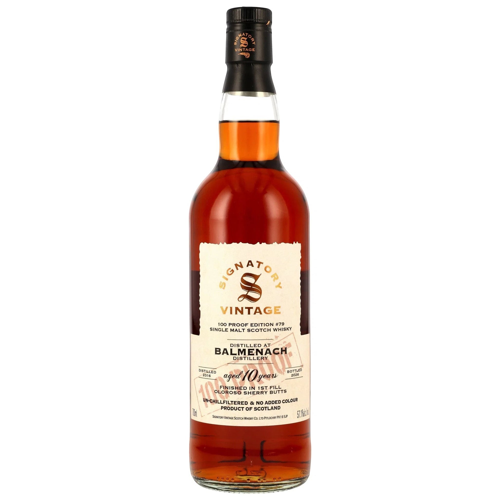 Schwarzbach Spirits Balmenach 10 Jahre Single Malt Whisky in einer Flasche mit Signatory Vintage 100 Proof Etikett