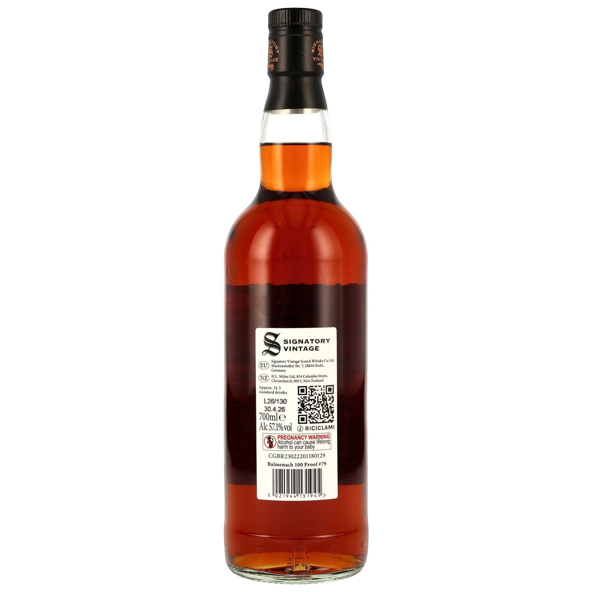Schwarzbach Spirits Balmenach 10 Jahre Single Malt Whisky Flaschenrückseite mit Etikett der Signatory 100 Proof Edition