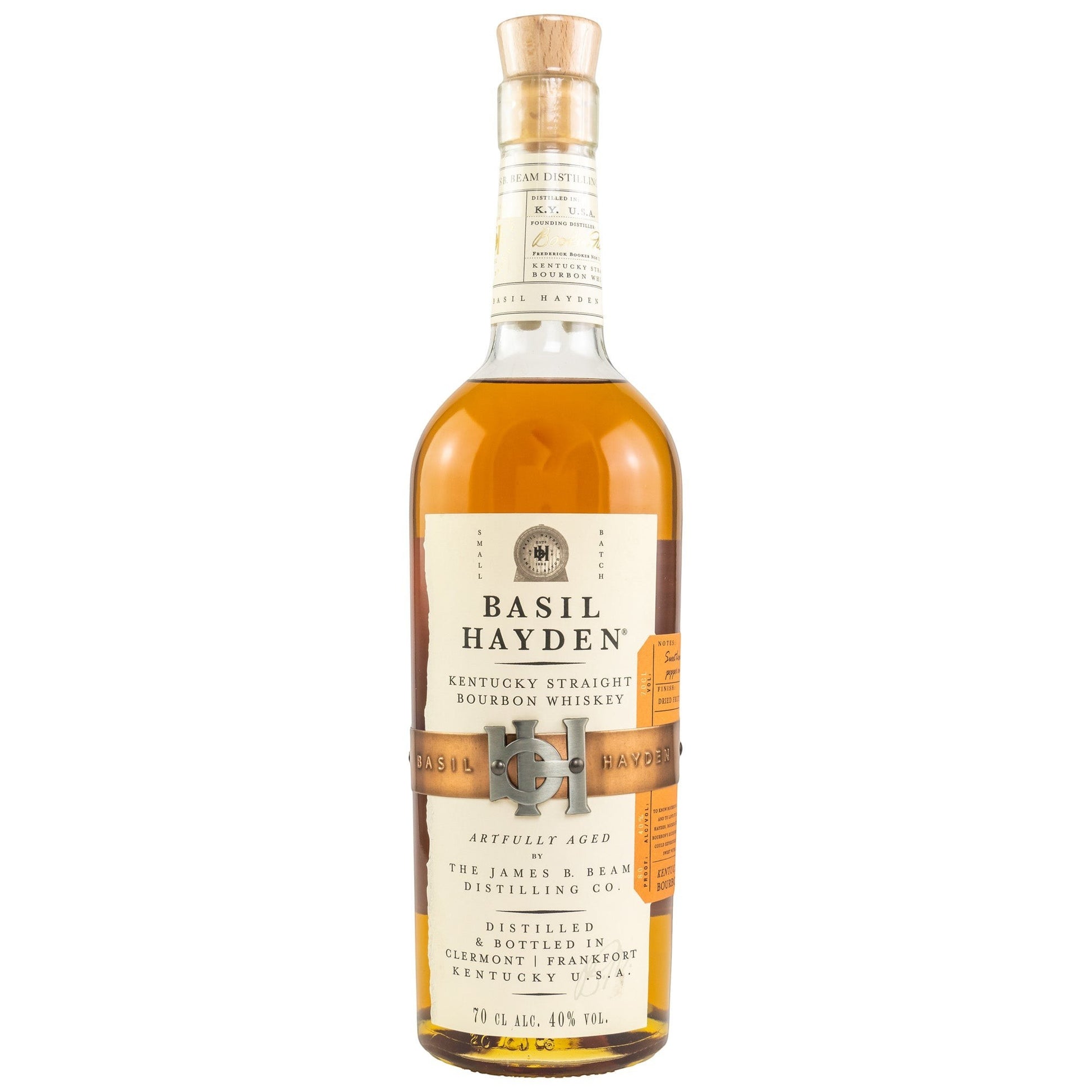 Schwarzbach Spirits Basil Hayden's Kentucky Straight Bourbon Whiskey, 40% Vol., 70cl. Amber-farbener Bourbon in Glasflasche mit Holzkorken und charakteristischem Etikett.