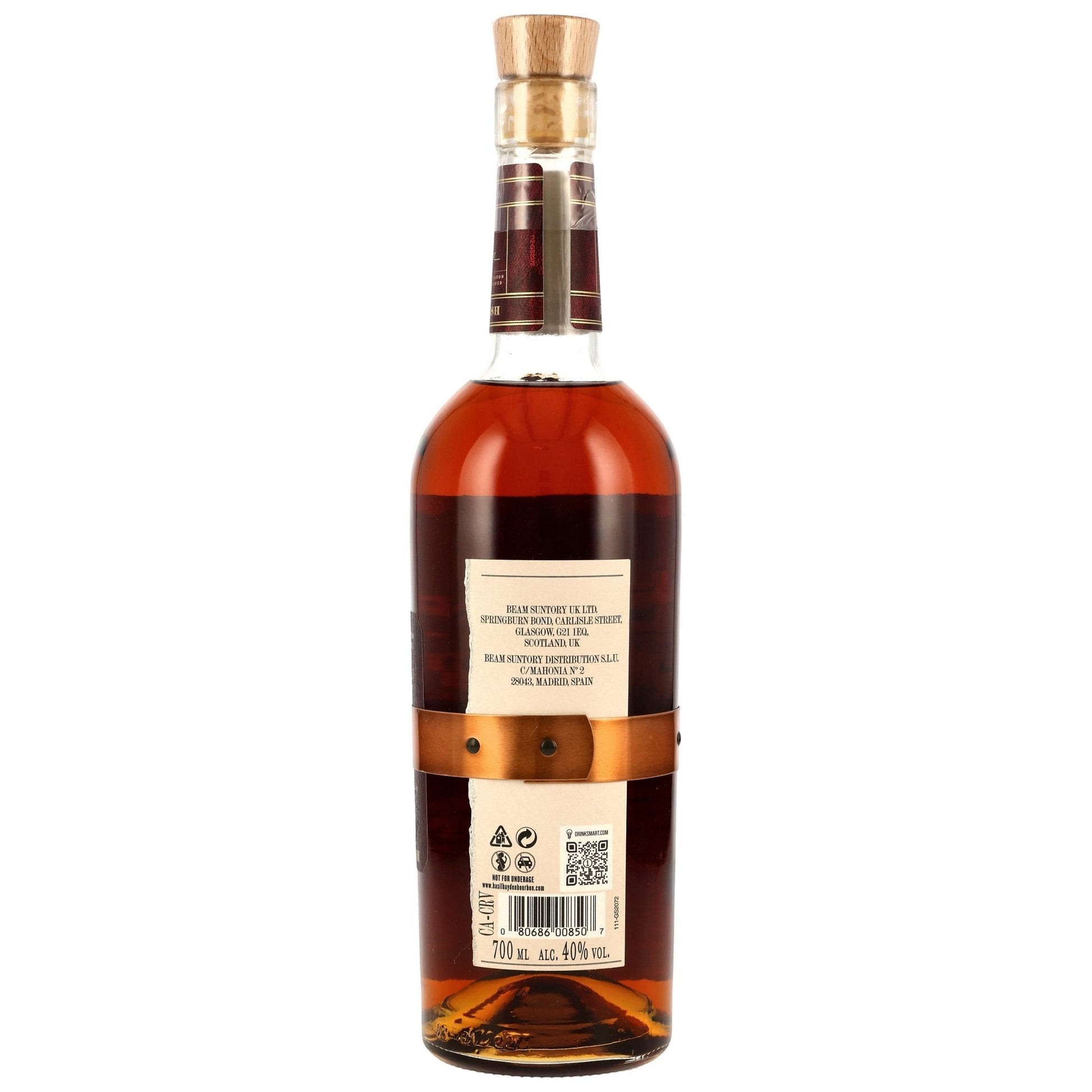 Schwarzbach Spirits Basil Hayden’s Red Wine Cask Finish Bourbon Whiskey, 700ml, 40% Vol. Amber liquid in a clear glass bottle with a wooden cork and copper accents.