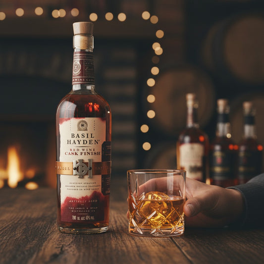 Schwarzbach Spirits Basil Hayden's Red Wine Cask Finish Kentucky Straight Bourbon Whiskey, 700ml, 40% Vol. Amber liquid in a clear glass bottle with a wooden cork.