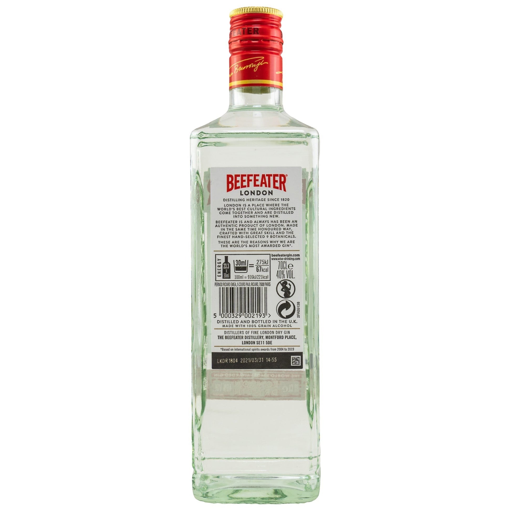 Schwarzbach Spirits Beefeater London Dry Gin 40% Vol. 70cl Flasche mit rotem Schraubverschluss und Etikett mit Informationen zu Botanicals und Nährwerten.
