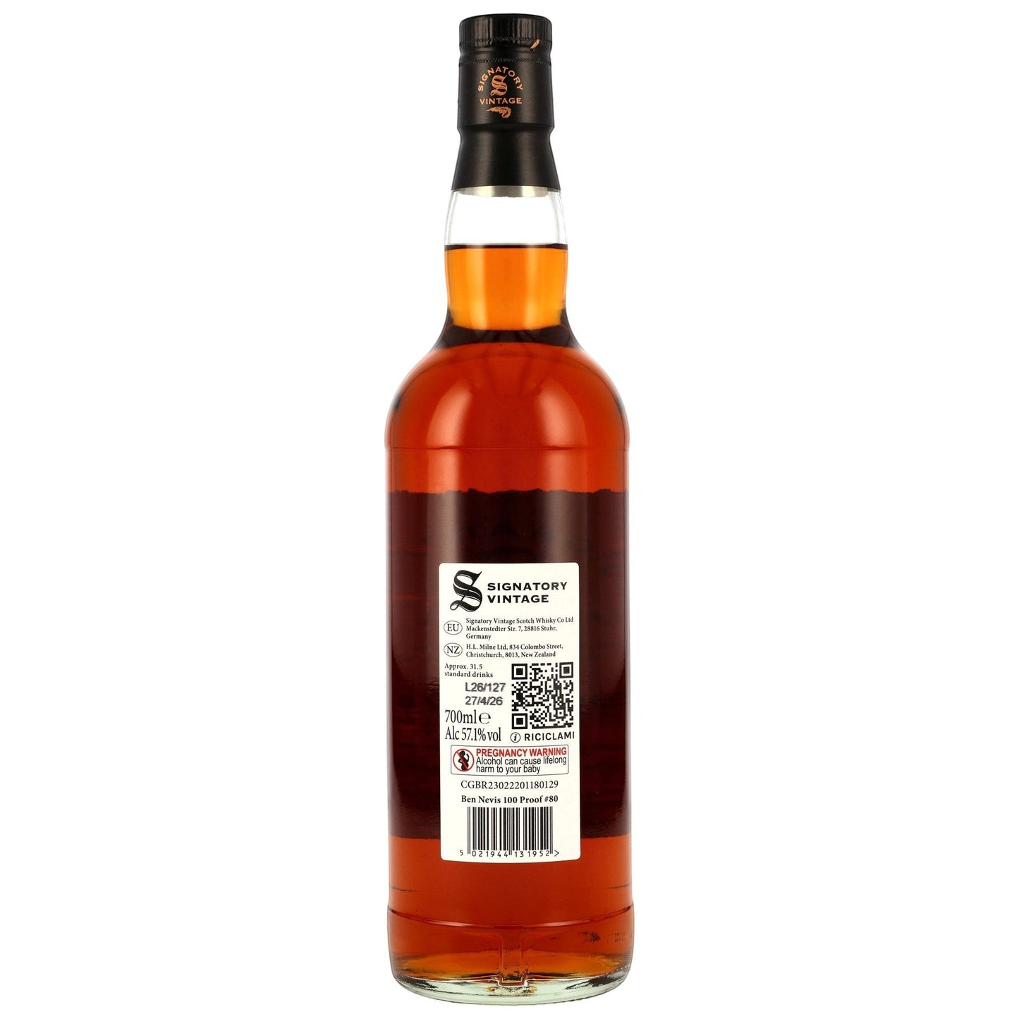 Schwarzbach Spirits Ben Nevis 10 Jahre 100 Proof Edition Rückseite der Whiskyflasche mit Etikett und QR-Code